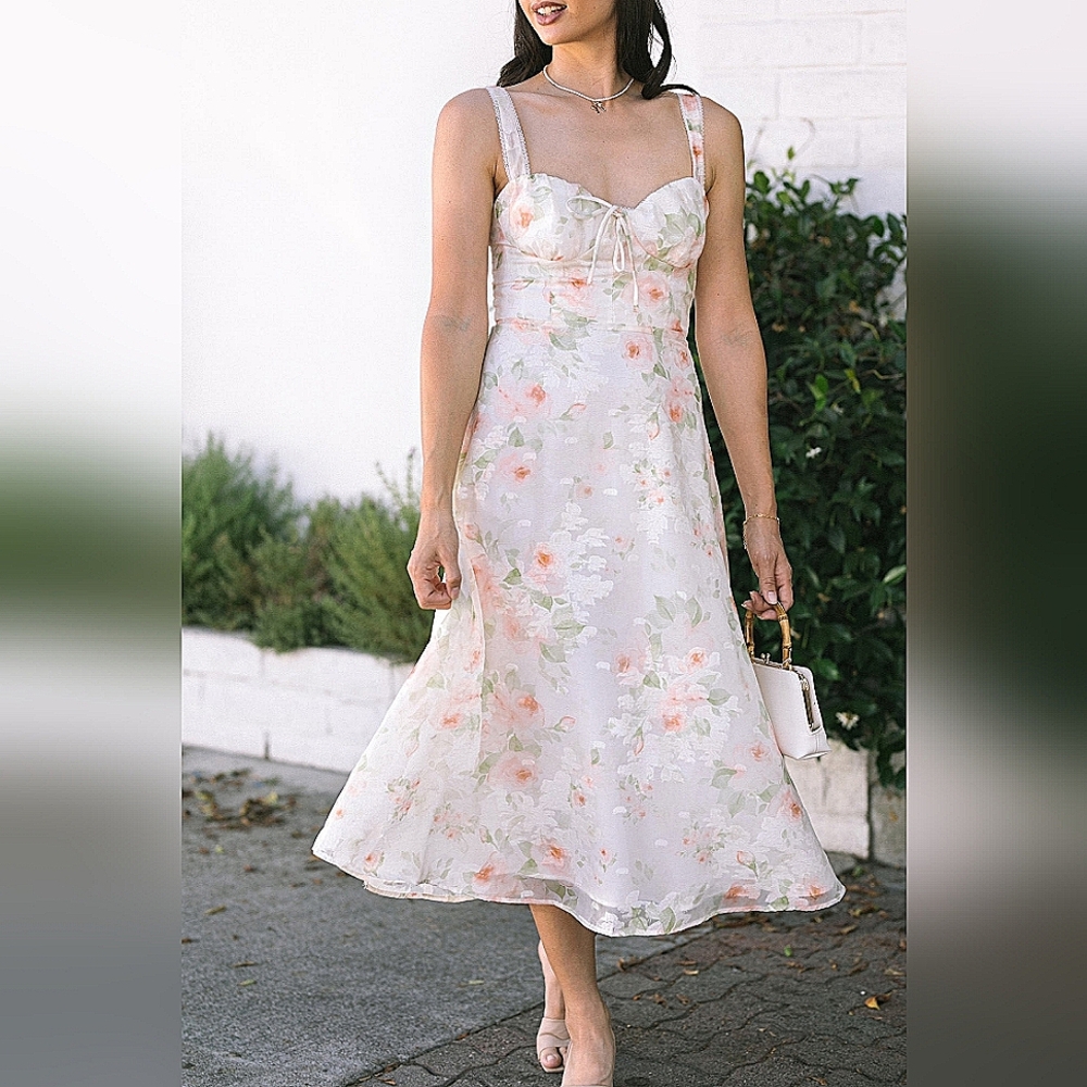 Floral Midi Dress with Sweetheart Neckline - White/Pastel